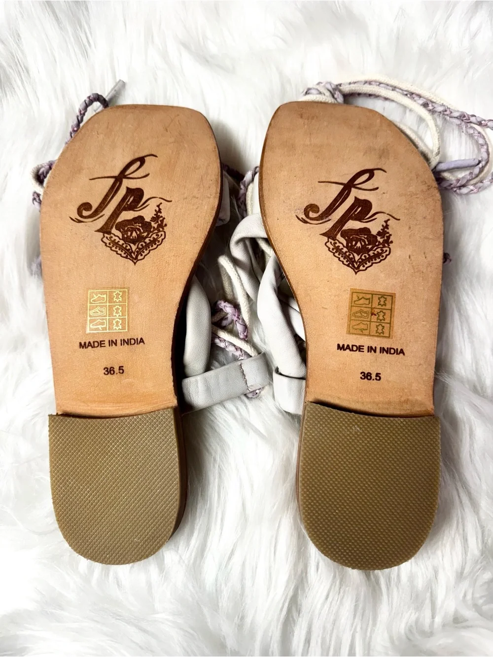 NWOT Free People Lace-Up Flat Sandals in Cream Lavender Leather Linen Sz 36.5